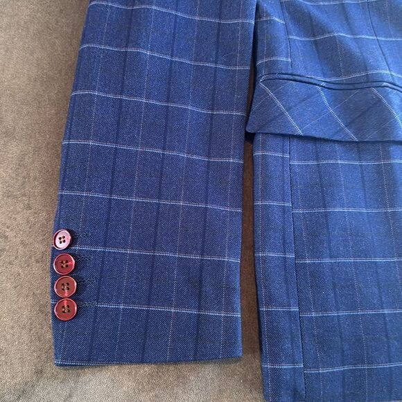 Men’s Blue Plaid 3 Piece Slim Fit Suit Notched Lapel Jacket 34 Pants 32 NEW - Picture 16 of 16